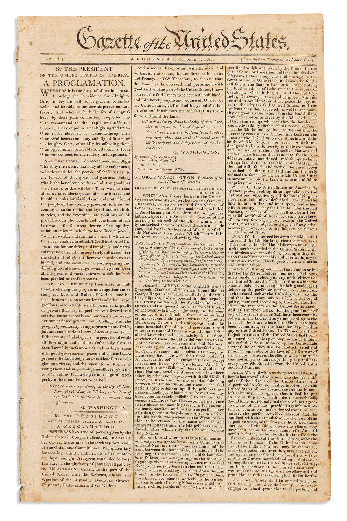 GEORGE WASHINGTON. Issue of the Gazette of the United States with the proclamation of the first Thanksgiving under the Constitution.